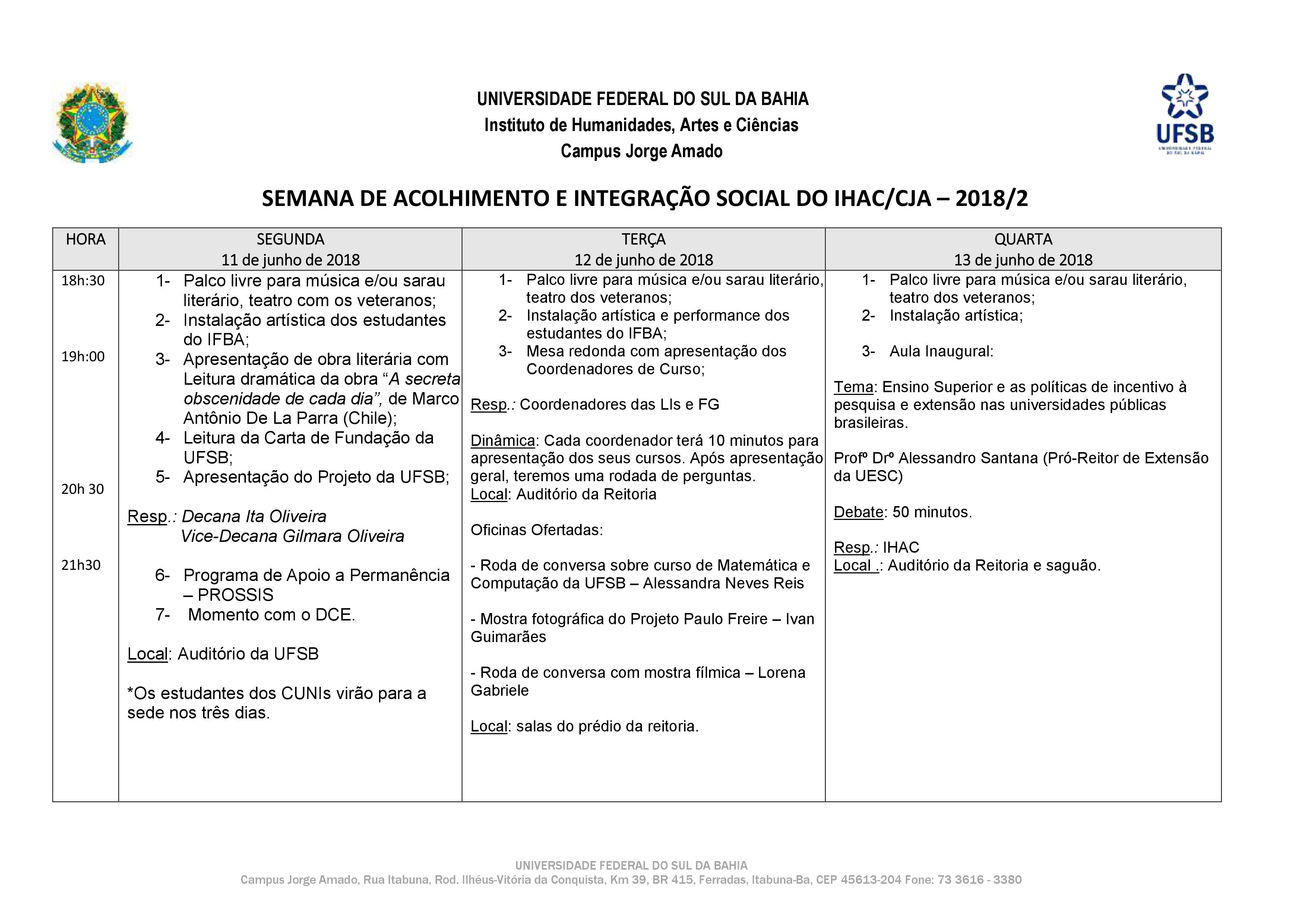 Cronograma da Semana de Acolhimento e Aula Inaugural do CJA